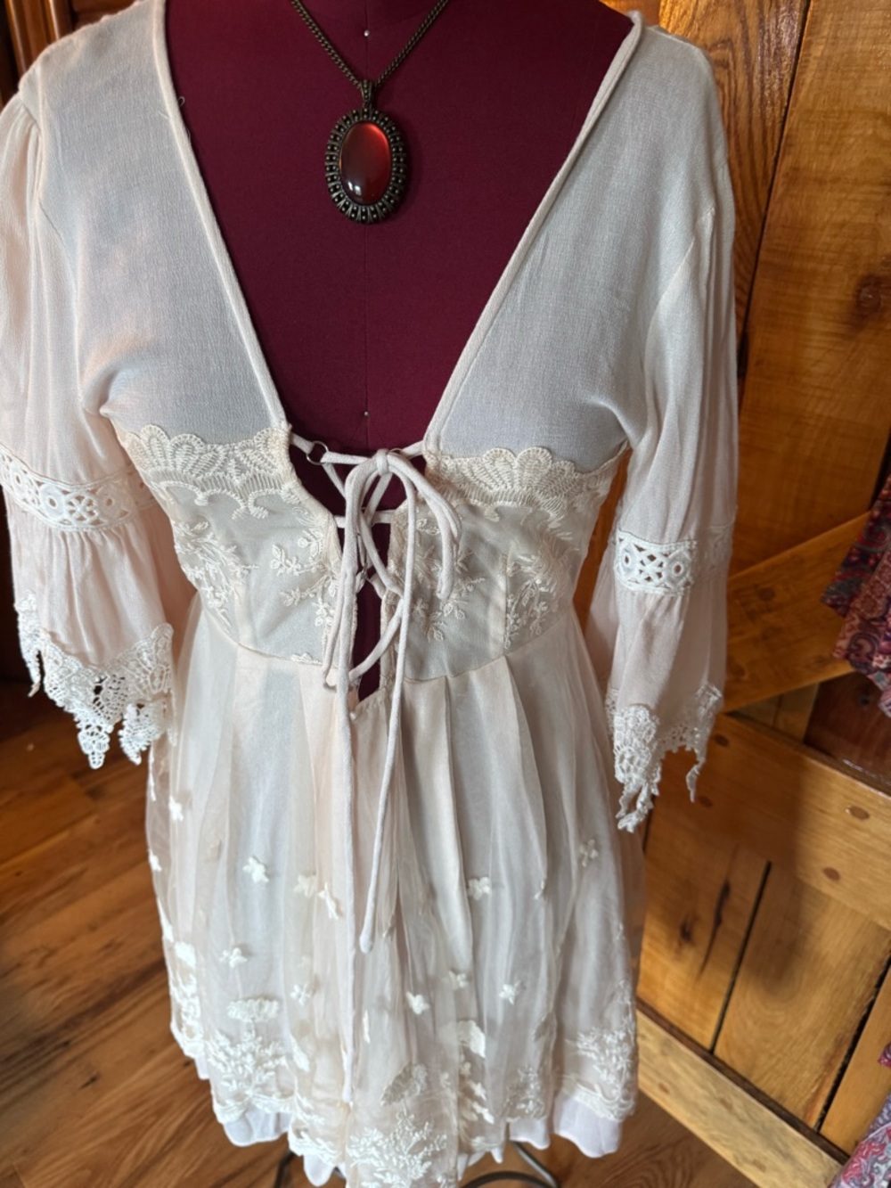 POL NWOT ANGEL DRESS Sheer Lace Tie-Front Boho Dress in Pink Cream